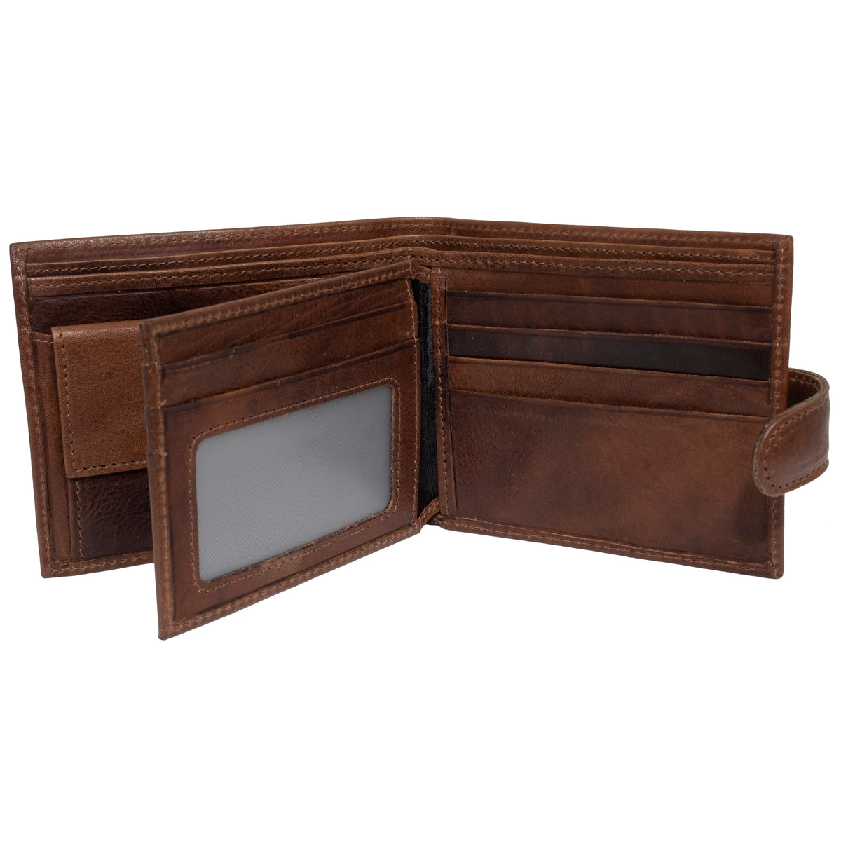 The Pierre Cardin Wallet is open, revealing an identification window, several card slots, and a section for cash. This brown Italian leather bifold wallet features a slightly distressed finish for a rustic look. A snap closure strap is visible on the right side, while RFID protection ensures your information stays secure.
