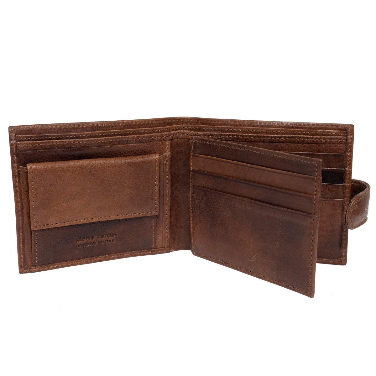 A brown Pierre Cardin Wallet lies open, displaying its multiple compartments. The left side houses a section dedicated to cash and receipts, while card slots are neatly arranged on the right side. This luxurious high-quality Italian leather wallet is equipped with RFID protection and features an embossed logo on the left inner pocket.