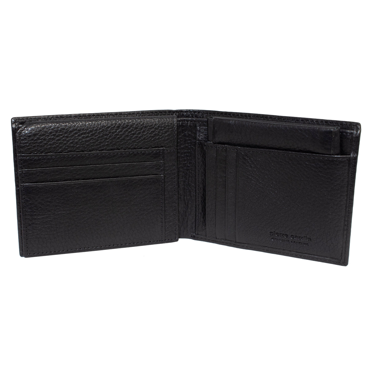 The Pierre Cardin Wallet, made from genuine Italian leather, is open to reveal multiple card slots and a section for cash. Offering RFID protection, this black leather wallet stands out against a plain white background with its neat stitching and textured material.