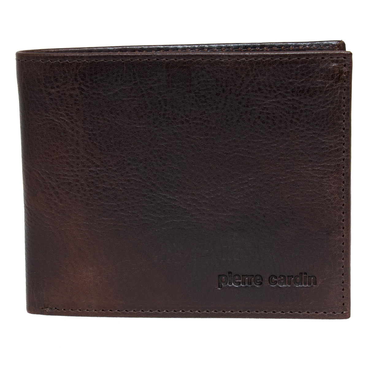 The Pierre Cardin Wallet in brown features a pebble grain texture crafted from genuine Italian leather. On the front, the text "pierre cardin" is embossed in lowercase letters in the bottom right corner. The wallet is closed and standing upright, providing both stylish design and RFID protection for your essentials.