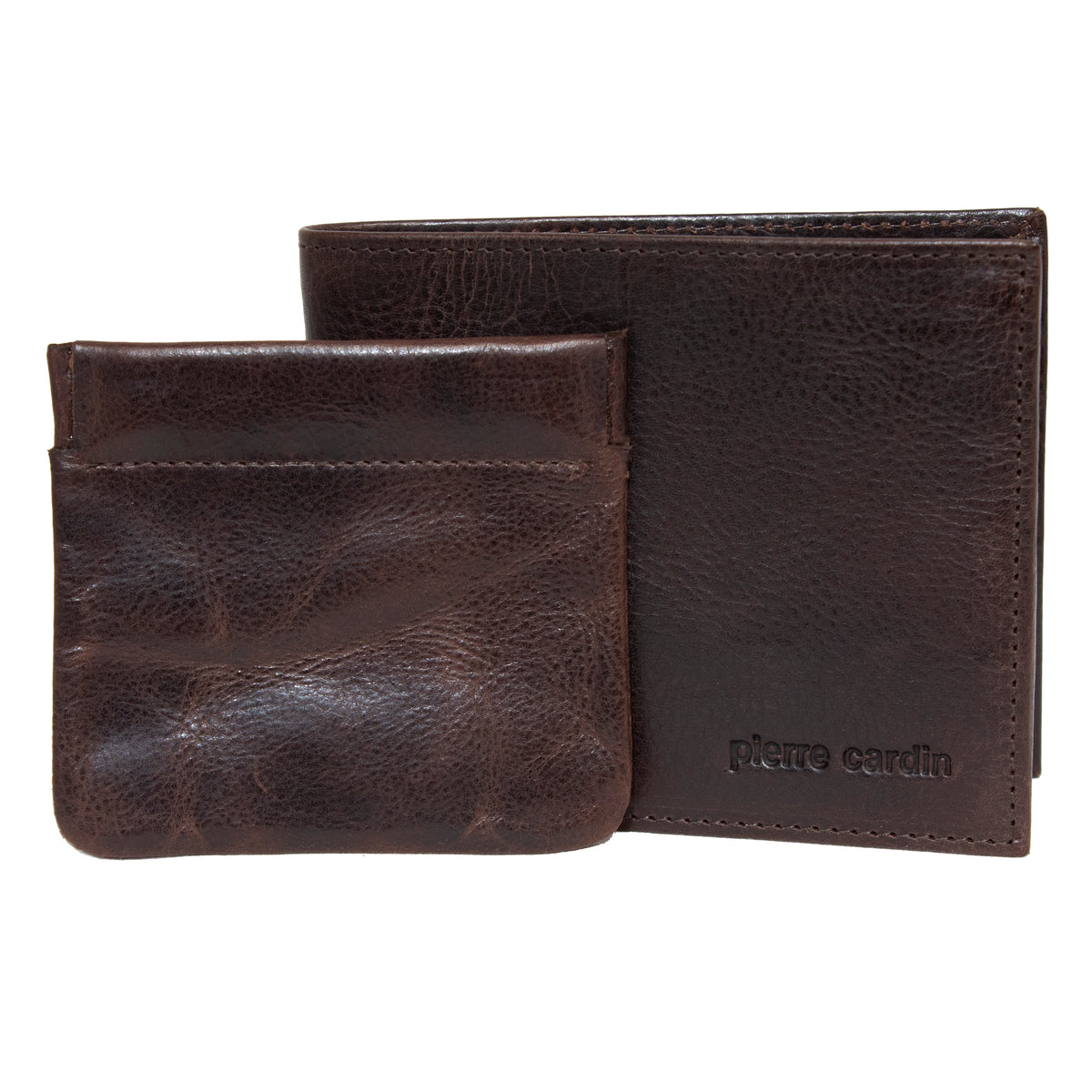 The Pierre Cardin Wallet, crafted from genuine Italian dark brown leather, features a matching card holder. Both items boast a smooth finish with noticeable grain and have "Pierre Cardin" embossed on the wallet's front bottom corner. The wallet includes RFID protection, while the card holder has two visible slots. Set against a white background, both items are positioned upright.