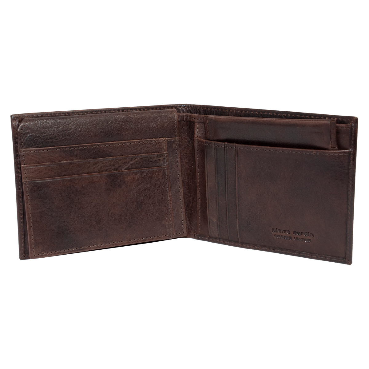 The Pierre Cardin Wallet in brown leather is shown open, with several card slots on the left side and larger compartments on the right. Crafted from genuine Italian leather, the interior of this wallet has a smooth, polished finish and is equipped with RFID protection for enhanced security.