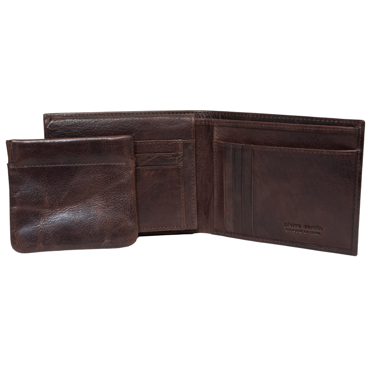 The Pierre Cardin Wallet, crafted from Genuine Italian Leather in a rich brown hue, is open to reveal its multiple card slots, a clear ID slot, and a bill compartment. Next to it lies the matching coin pouch with a flap. Both items proudly feature "Pierre Cardin" embossed on them and offer RFID protection for enhanced security.