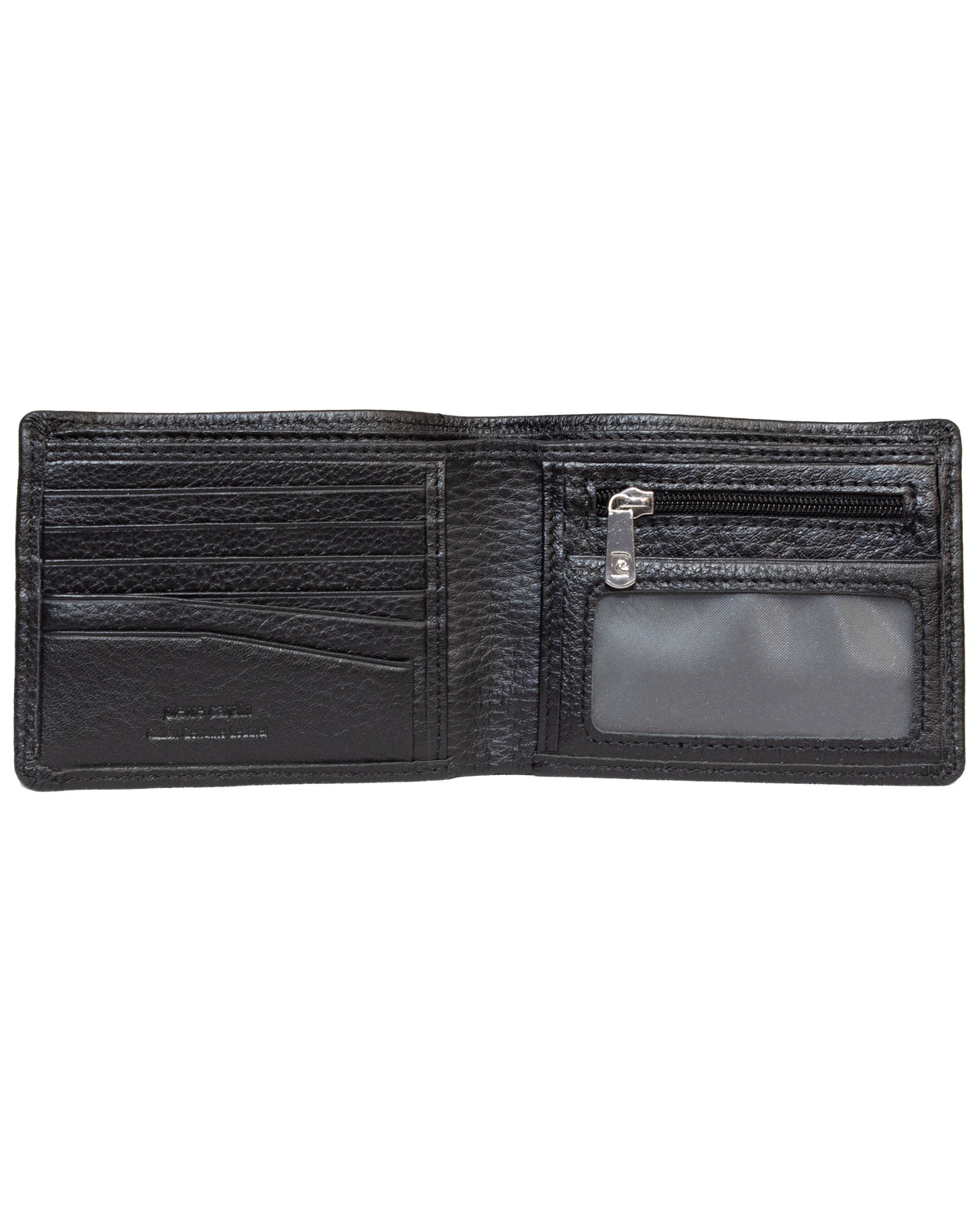 A black Pierre Cardin Wallet, crafted from Genuine Italian Leather, features multiple card slots on the left, a pocket for paper currency in the center, and a zippered coin pocket with a transparent ID window on the right. Set against a white background, the wallet is currently empty.