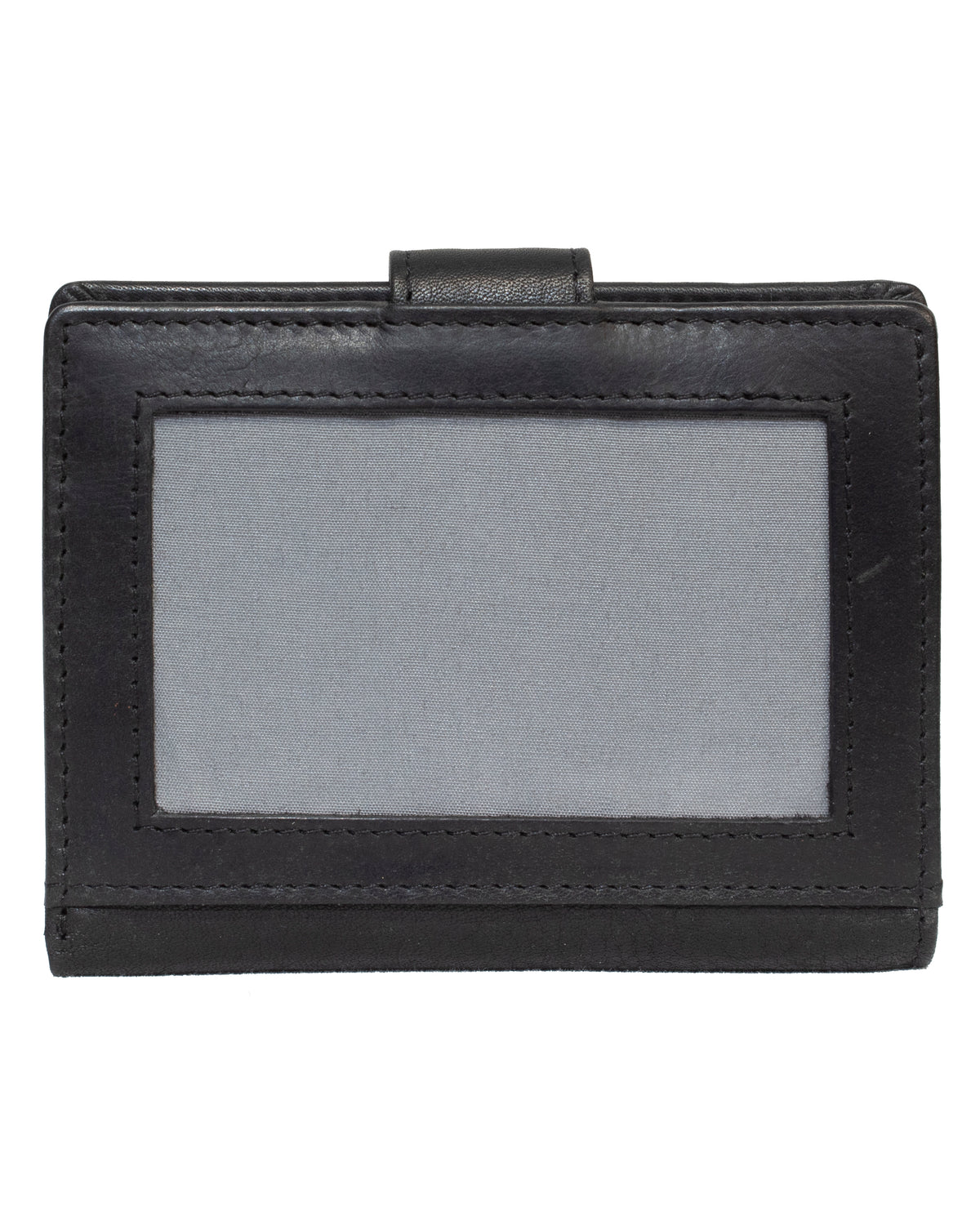 A black Pierre Cardin Wallet crafted from genuine leather, showcasing a transparent window for an ID card slot. The wallet, featuring RFID protection, is closed and positioned against a plain white background.