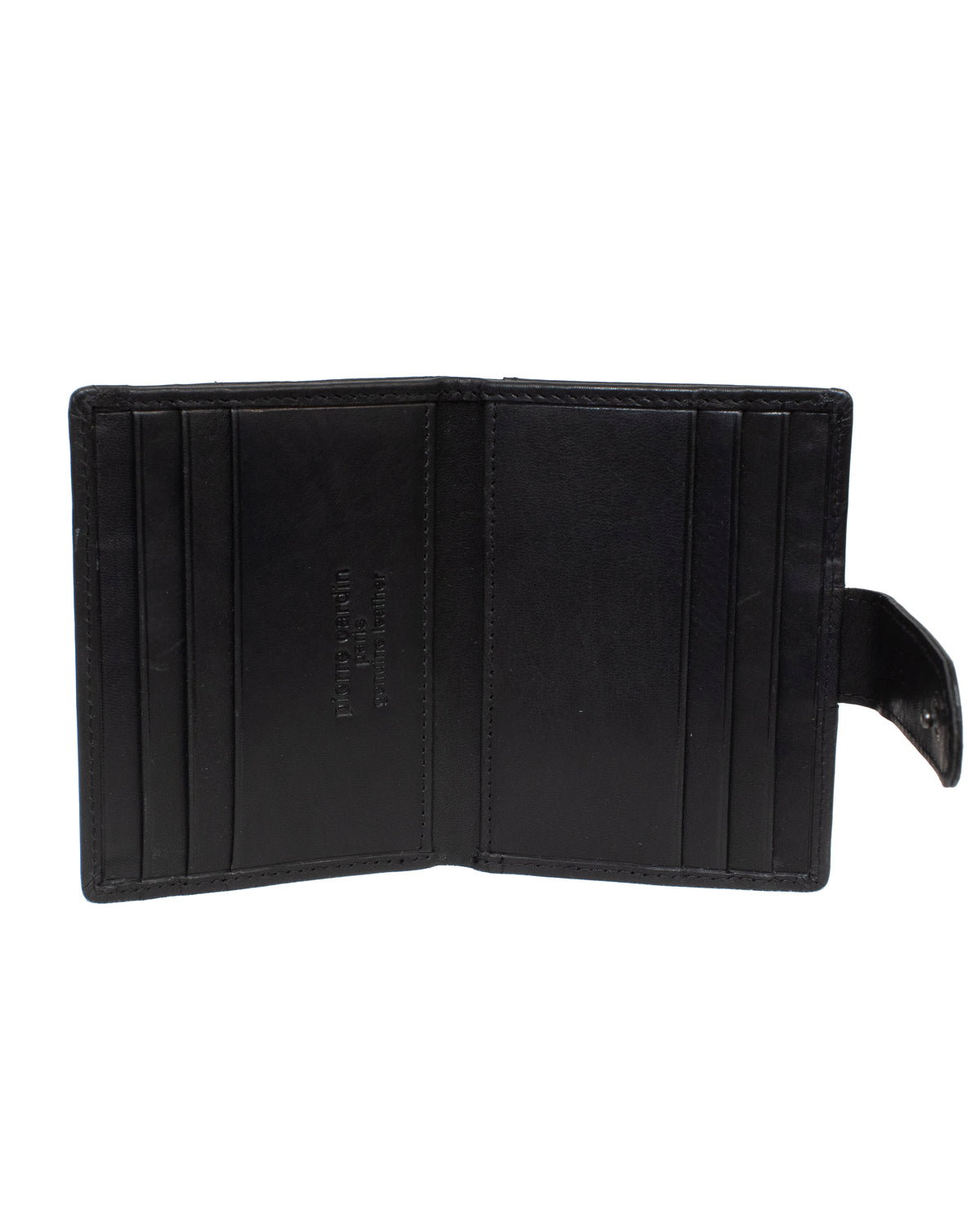 The Pierre Cardin Wallet is crafted from genuine black leather and features multiple card slots on each side, along with a clasp on the right. The interior is plain and uncluttered, providing a sleek look with added RFID protection.