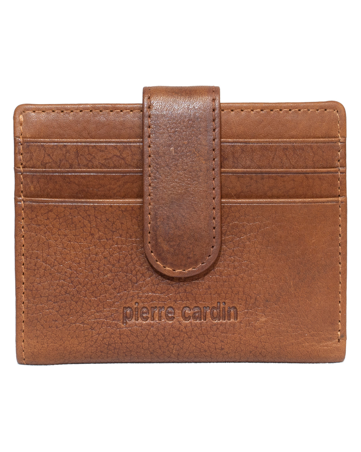 A stylish Pierre Cardin Wallet made from genuine leather, offering RFID protection. It features multiple card slots, a snap closure, and an elegantly embossed "Pierre Cardin" on the front.