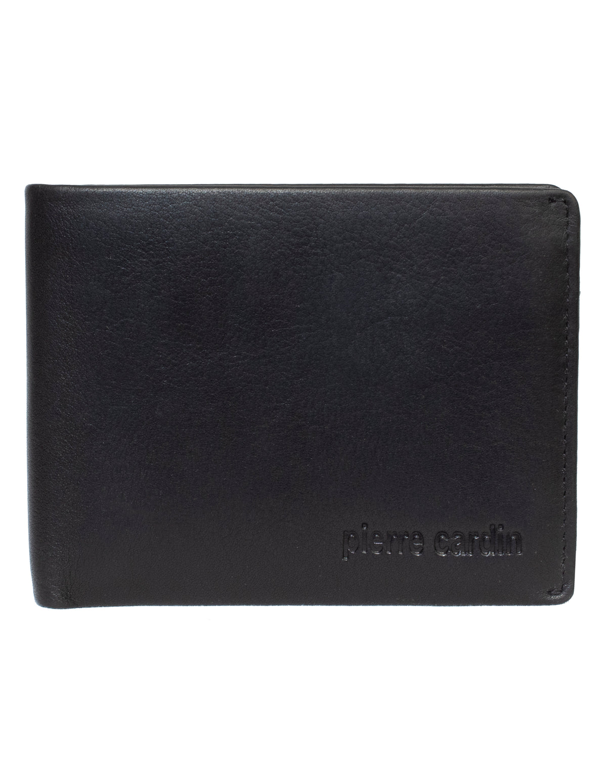 A Pierre Cardin Wallet in black, meticulously crafted from genuine leather and featuring an embossed brand name in the bottom right corner, equipped with RFID protection.