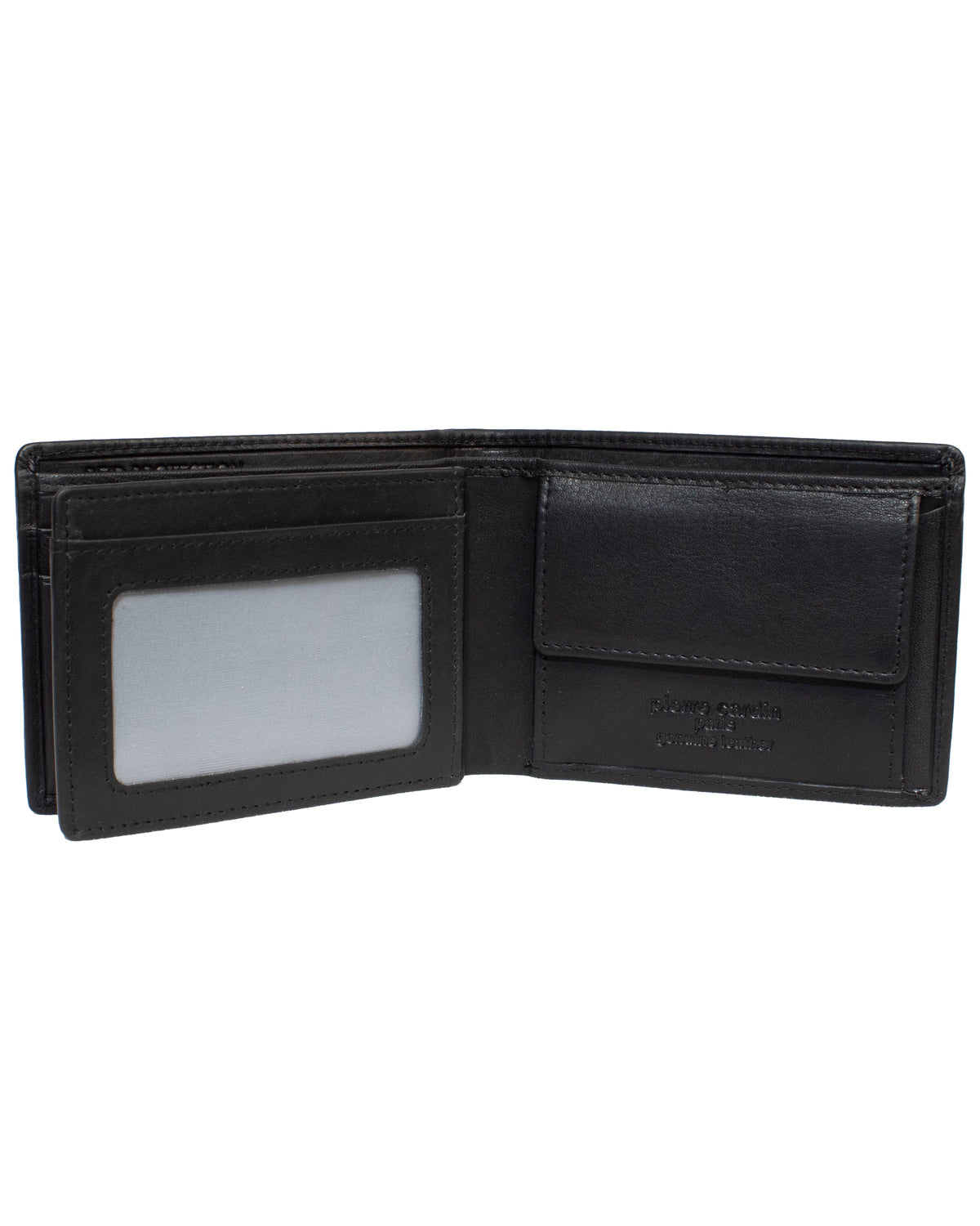 The Pierre Cardin Wallet, made from genuine leather with RFID protection for added security, is open to reveal its contents. On the left side, there’s a clear ID card slot along with several card compartments. The right side features a coin pocket with a flap but without any visible zipper or button. The wallet comes in an elegant black color.

