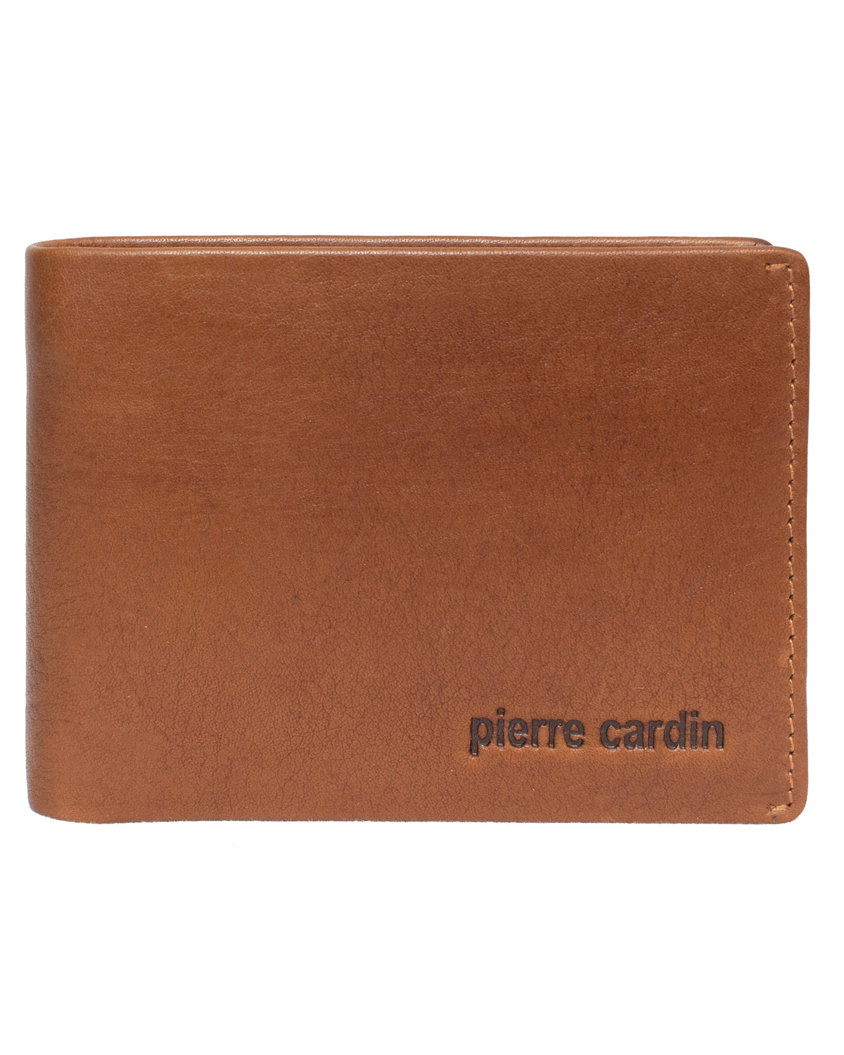 The Pierre Cardin Wallet, available in a sophisticated tan color, features "pierre cardin" subtly embossed in small letters on the bottom right corner. Crafted from genuine leather, it offers a smooth texture and exudes a classic, minimalist design. Additionally, it includes RFID protection for enhanced security.