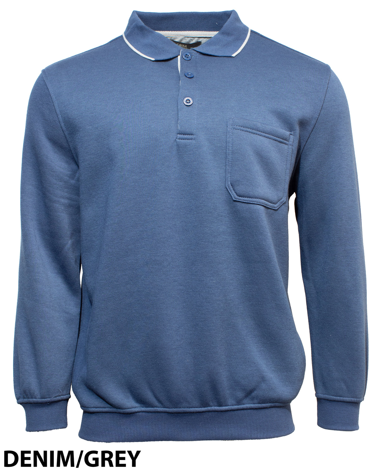 The Pilgrim 3 Button Fleece Top is a blue long-sleeved polo shirt with a front pocket on the left chest, featuring a 3 button placket under the collar and ribbed hem and cuffs. The text "DENIM/GREY" is written in black in the bottom left corner.