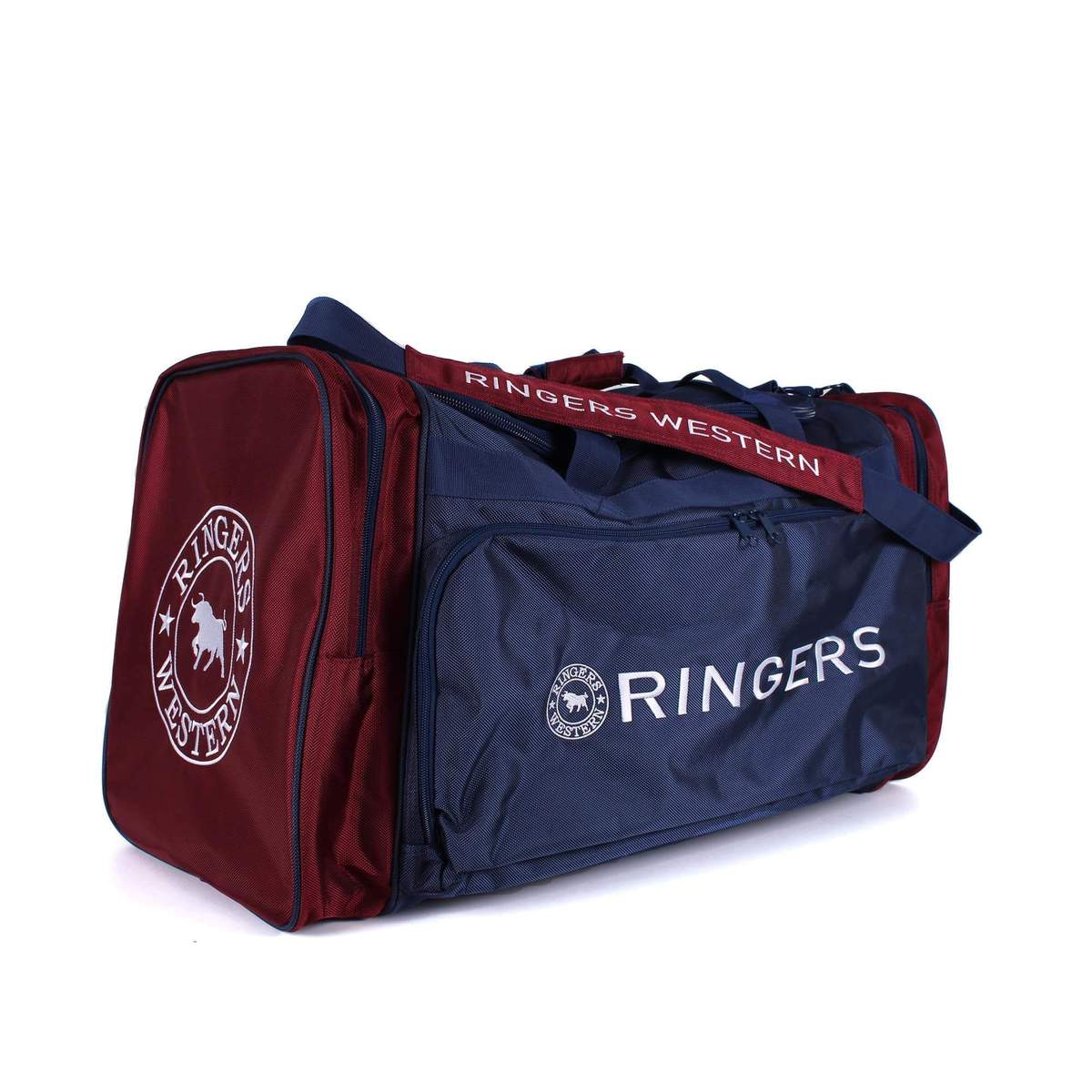 The Ringers Western Coolabah Sports Bag is a spacious duffle with a two-tone design, showcasing maroon sides and navy blue front and back panels. It features several substantial zippered compartments and prominently displays the "Ringers Western" brand name in white text on the front pocket and shoulder strap.