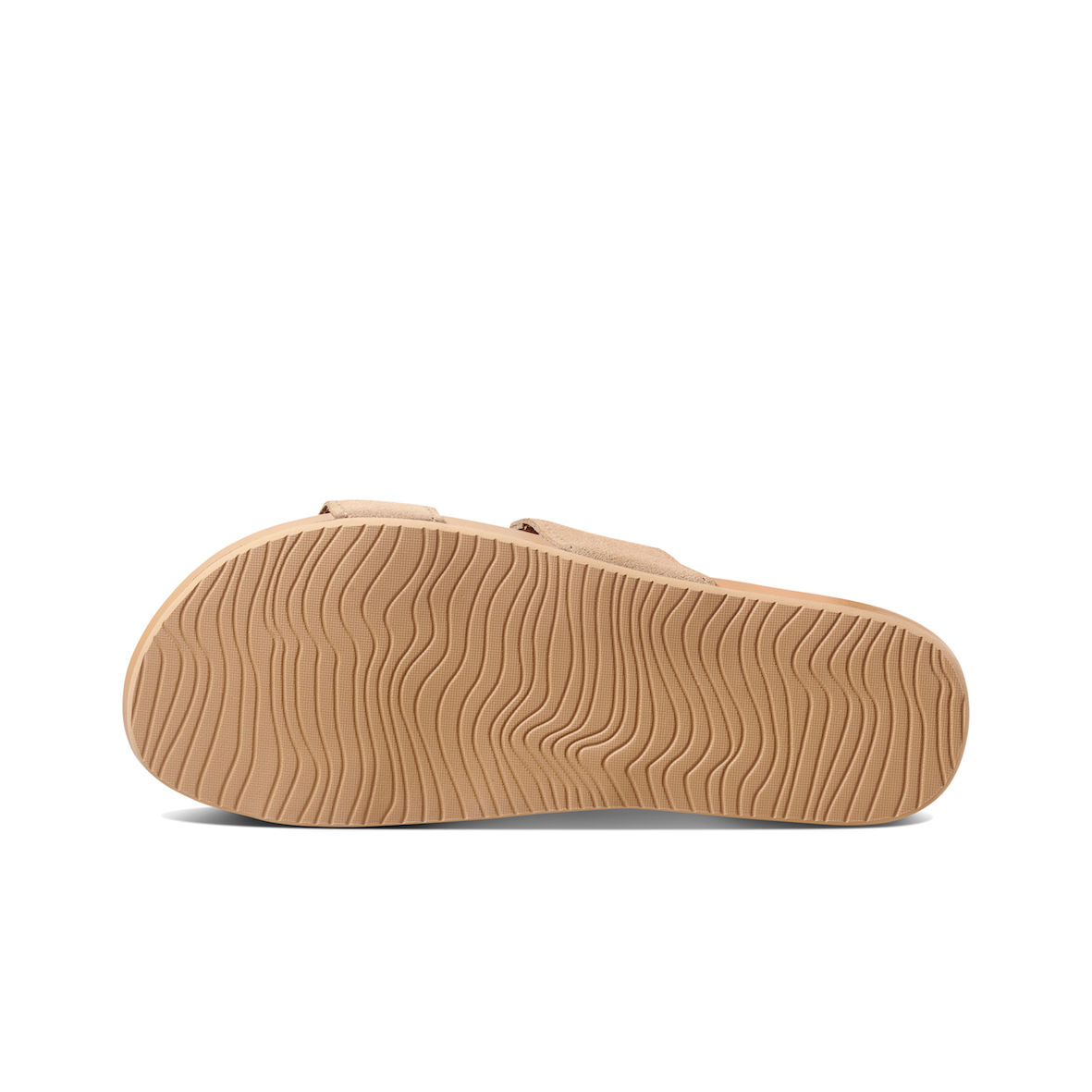 The REEF Cushion Vista Suede sandal's image reveals its light brown, wavy-textured sole for grip, highlighting the full footbed with a cushion bounce midsole that perfectly complements the stylish vegan leather straps above.