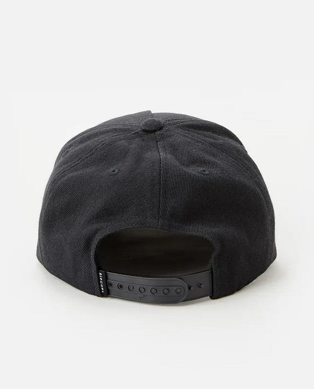 The photo displays the back of a Rip Curl Wetty Snap Back Cap with an adjustable strap and buckle, all in black, against a plain gray background.