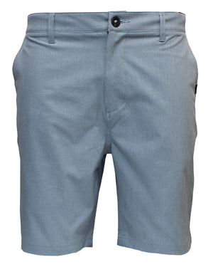 The Rip Curl Boardwalk Oceanside Short, crafted from 100% polyester, comes in a light gray hue and includes a button and zipper closure, front pockets, and belt loops. These shorts are neatly pressed with a tailored fit, making them stylish and comfortable for casual wear.