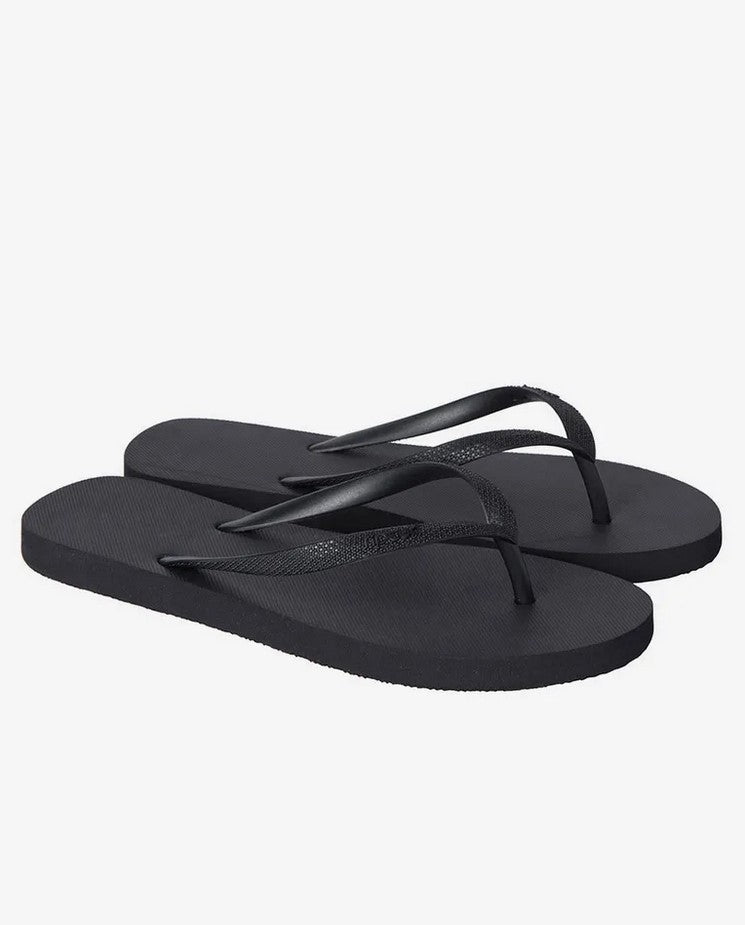 A pair of Rip Curl Bondi Thongs, sleek black flip-flops with ergonomic molded rubber straps, elegantly positioned side by side on a pristine white background.
