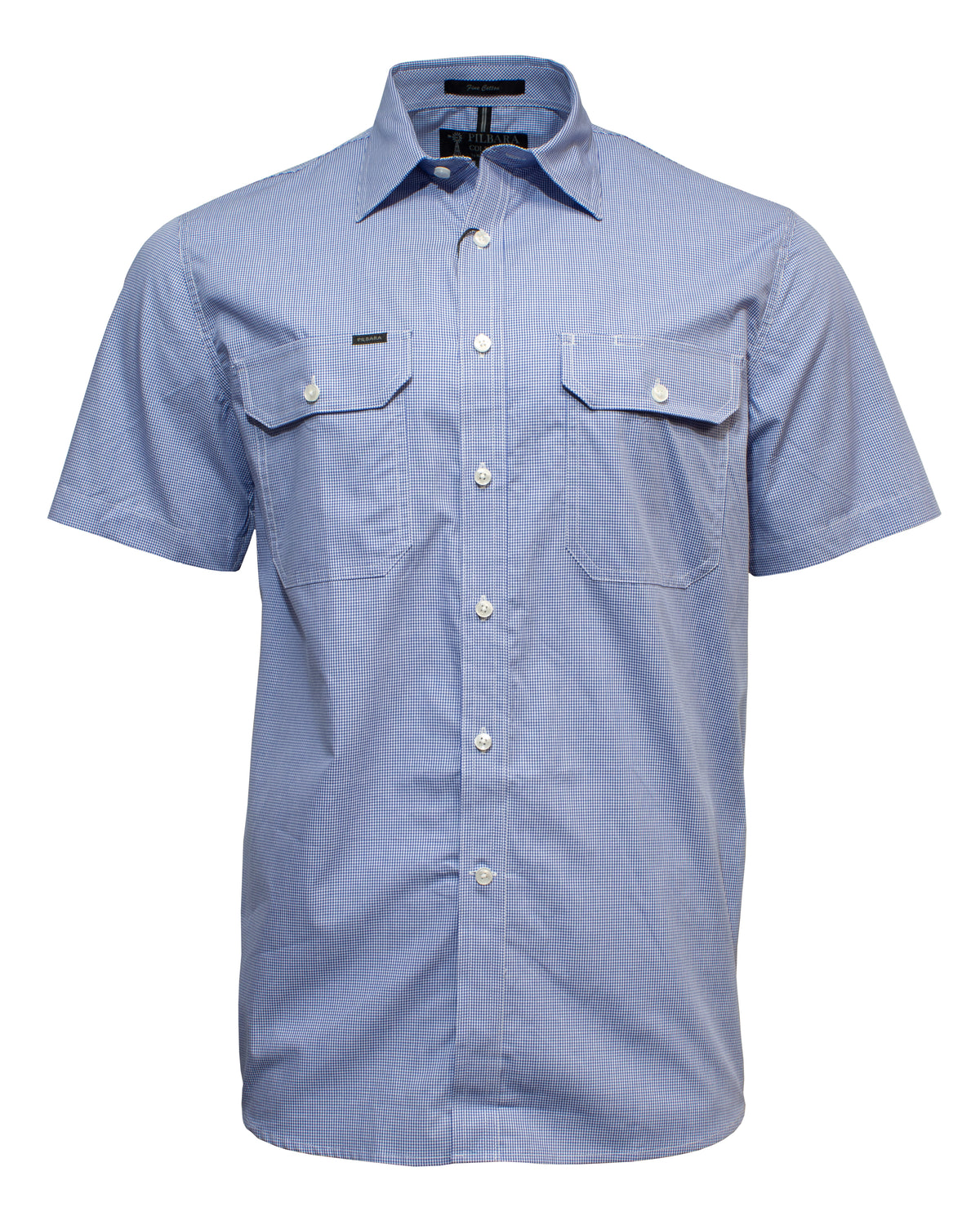 The Ritemate Pilbara Short Sleeve Check Double Pocket Shirt boasts a blue checkered pattern and features two front chest pockets, each with button closures. It is designed with a collar and white buttons down the front. Crafted from 100% cotton, this lightweight and casual shirt is perfect for warm weather comfort.
