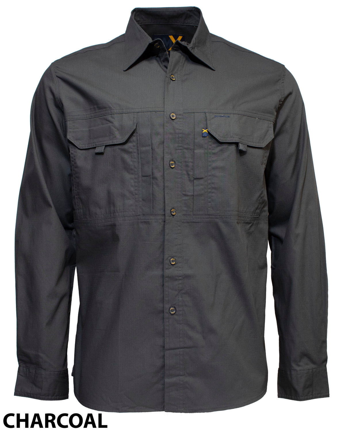 The Ritemate RMX Flexible Fit Utility Shirt, a charcoal gray long-sleeve made of Ripstop Cotton with two chest pockets and buttoned flaps, is shown on a plain white background. "CHARCOAL" is boldly printed in black at the bottom left.