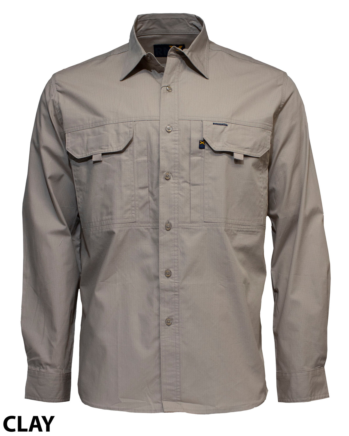 The Ritemate RMX Flexible Fit Utility Shirt is a long-sleeve, button-up work shirt in light clay Ripstop Cotton with two chest pockets. Shown on a white background, "CLAY" appears in black text at the bottom left corner.