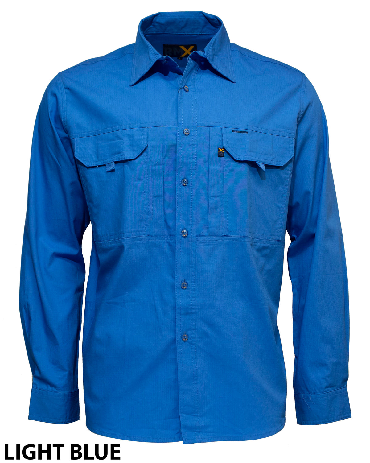 The Ritemate RMX Flexible Fit Utility Shirt is a long-sleeve, button-up work shirt in light blue Ripstop Cotton, featuring two chest pockets, a collar, visible stitching, and "LIGHT BLUE" printed in black at the bottom left.