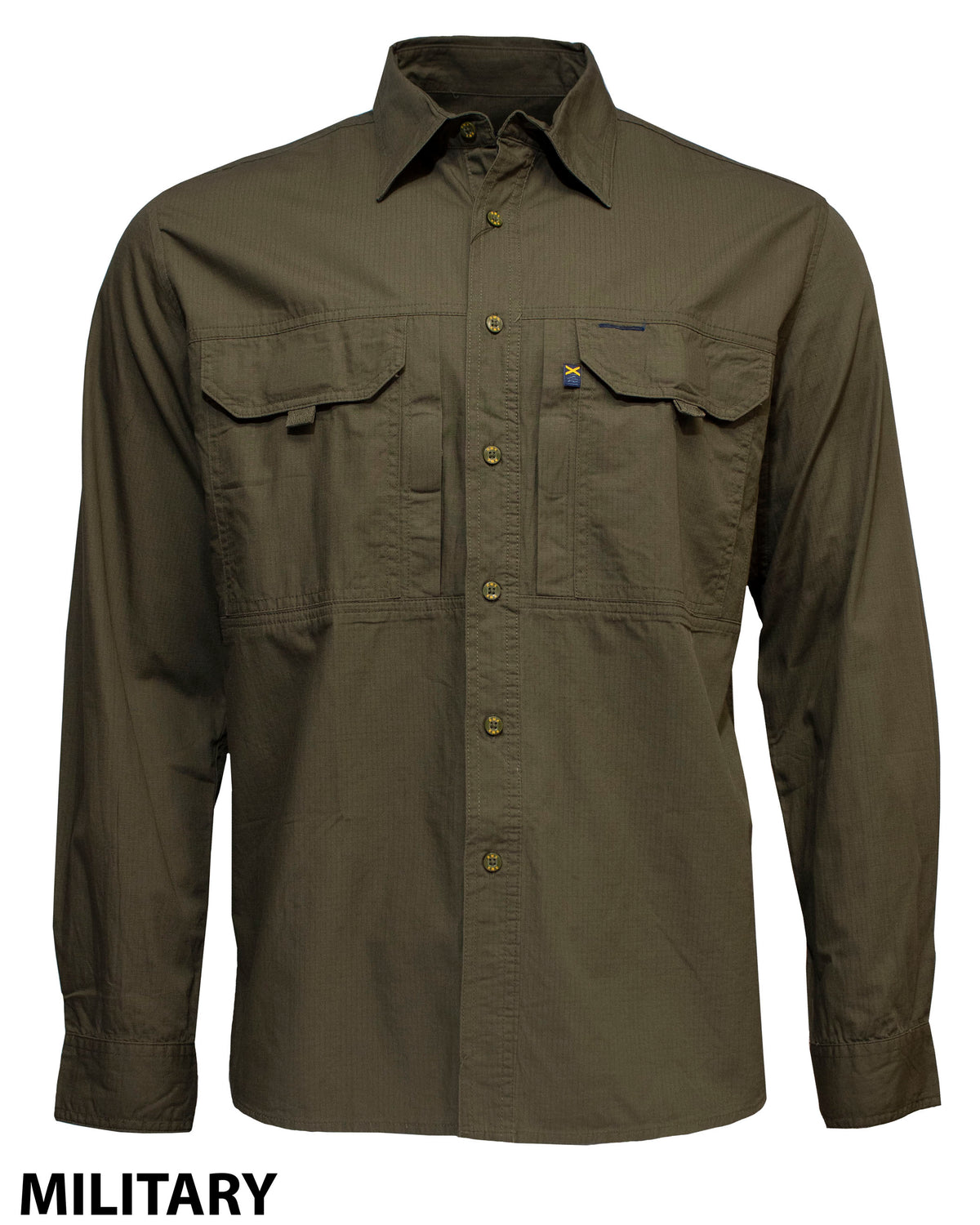 The Ritemate RMX Flexible Fit Utility Shirt is a long-sleeve, olive green work shirt with durable ripstop cotton and two front chest pockets, shown on a white background with "MILITARY" in bold at the bottom left.
