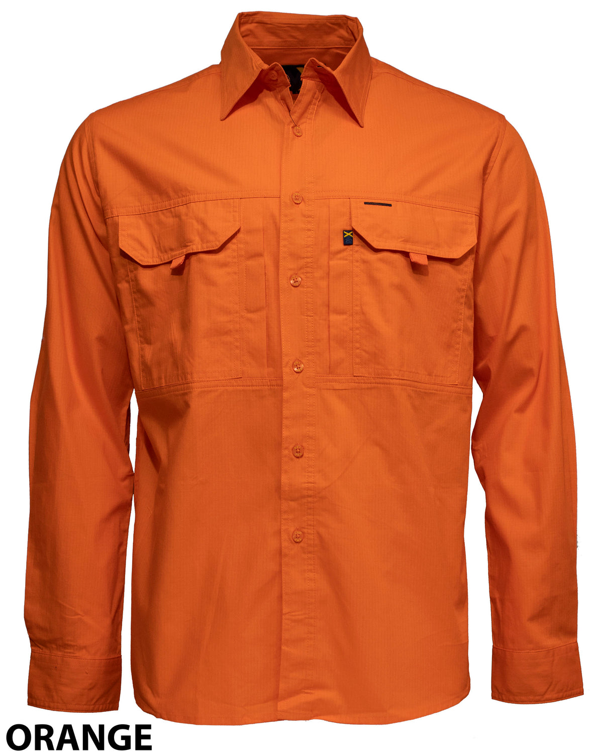 Bright orange Ritemate RMX Flexible Fit Utility Shirt, long-sleeve button-up with two chest pockets and a collar, made from durable Ripstop Cotton. Shown on a plain white background with "ORANGE" in black text at the lower left.