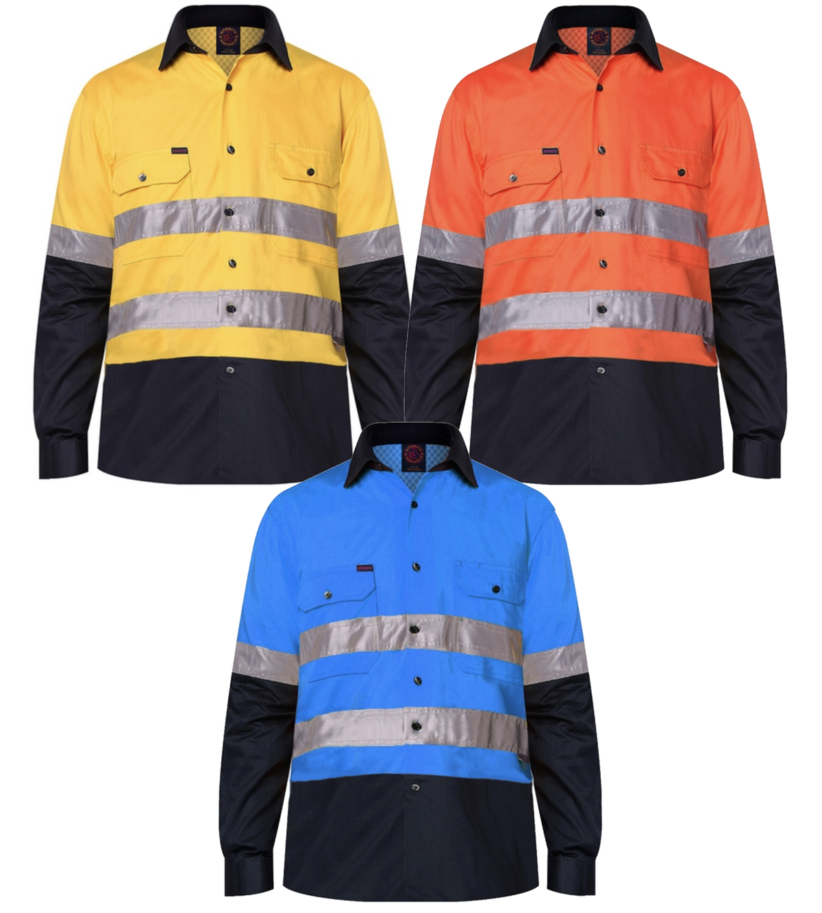 A row of three Ritemate Hi Vis Vented Open Front Light Weight Long Sleeve 3M Tape Shirts are displayed. Designed for comfort, these premium quality cotton shirts come in high-visibility yellow, orange, and blue colors. They all feature black lower sleeves, black collars, and buttoned chest pockets.