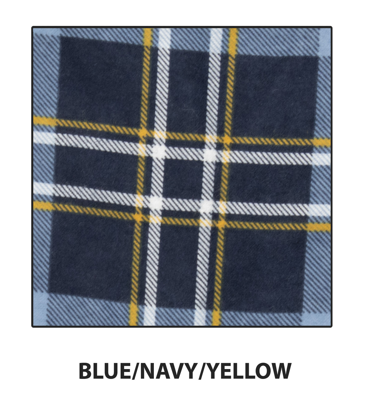 The Ritemate Kids Pilbara Closed Front Flannelette Shirt has a plaid pattern in dark blue, navy blue, and yellow with intersecting lines in a square layout. It includes buttoned chest pockets and the text "BLUE/NAVY/YELLOW" below.