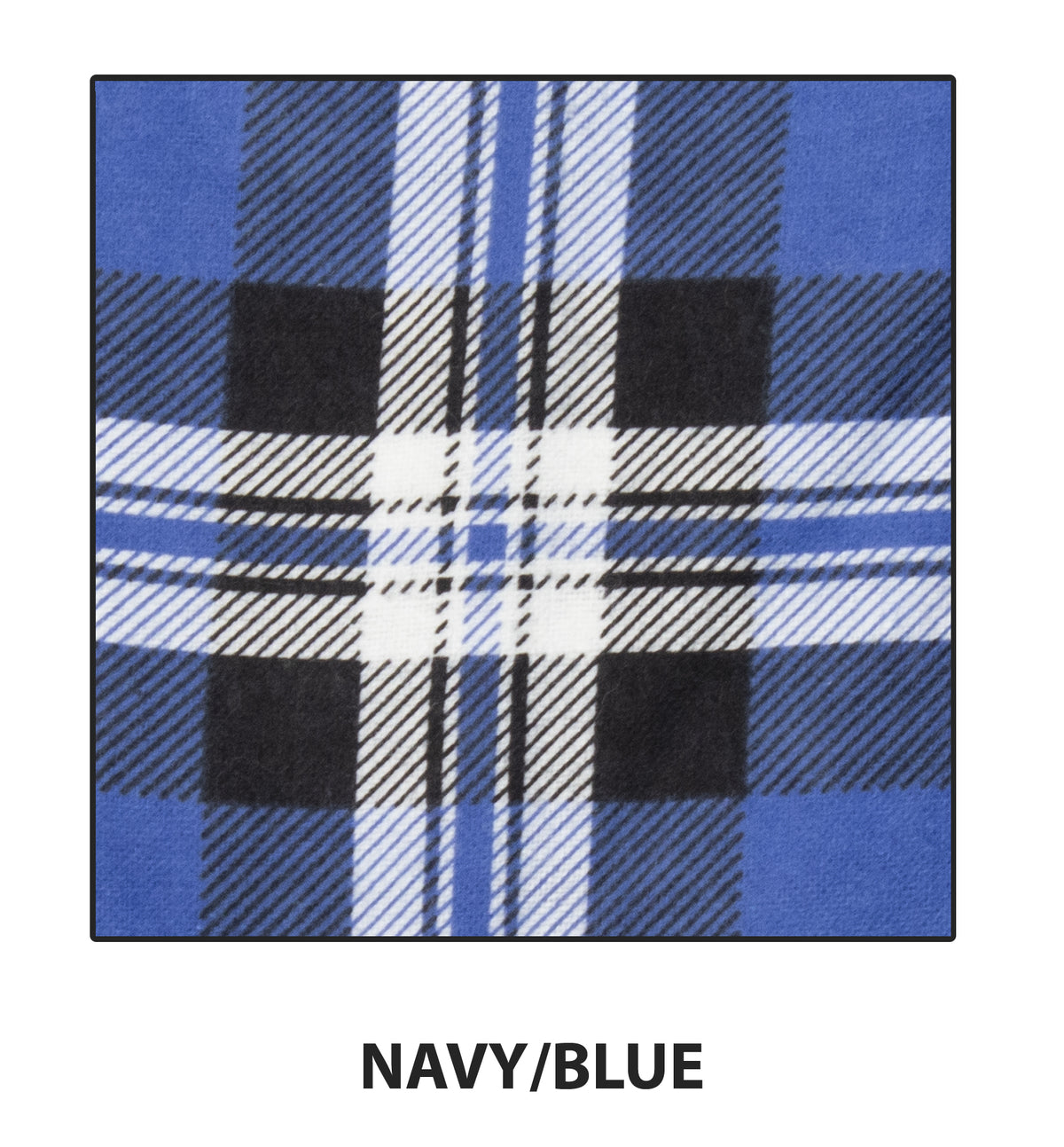 The square display features a navy blue and black plaid pattern with white accents, labeled "NAVY/BLUE," evoking a cozy Ritemate Kids Pilbara Closed Front Flannelette Shirt with buttoned chest pockets.