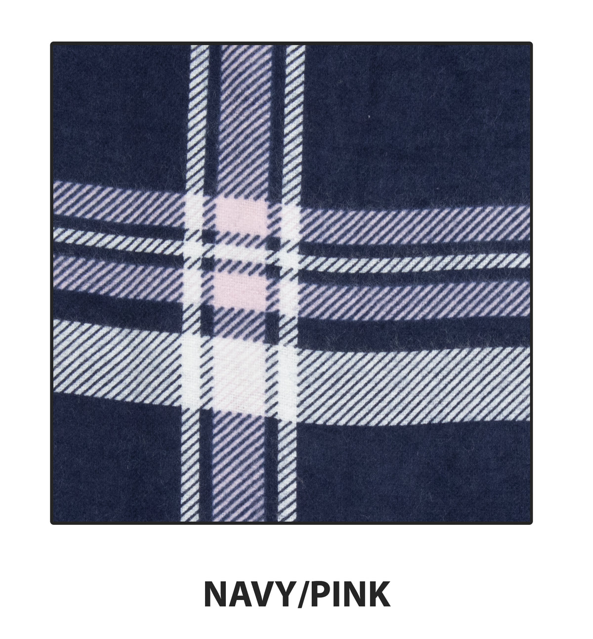 Close-up of a Ritemate Kids Pilbara Closed Front Flannelette Shirt with a plaid pattern in navy blue, pink, and white stripes. Crafted from pre-shrunk cotton, it features buttoned chest pockets for added charm. "NAVY/PINK" is displayed beneath the pattern.