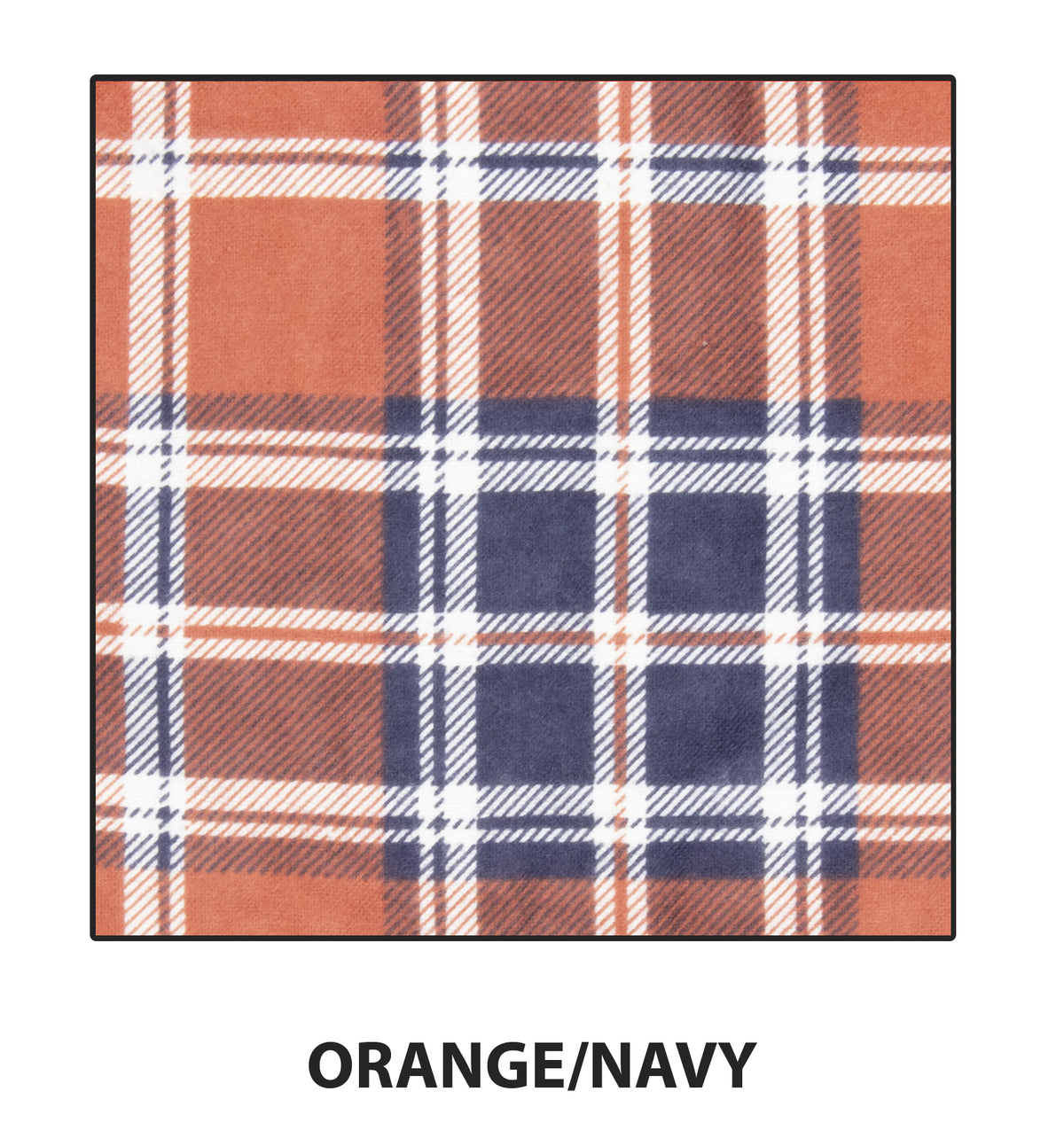 The Ritemate Kids Pilbara Closed Front Flannelette Shirt features a square plaid pattern in orange, navy, and white with buttoned chest pockets, creating a classic checkered look. Text at the bottom reads "ORANGE/NAVY.