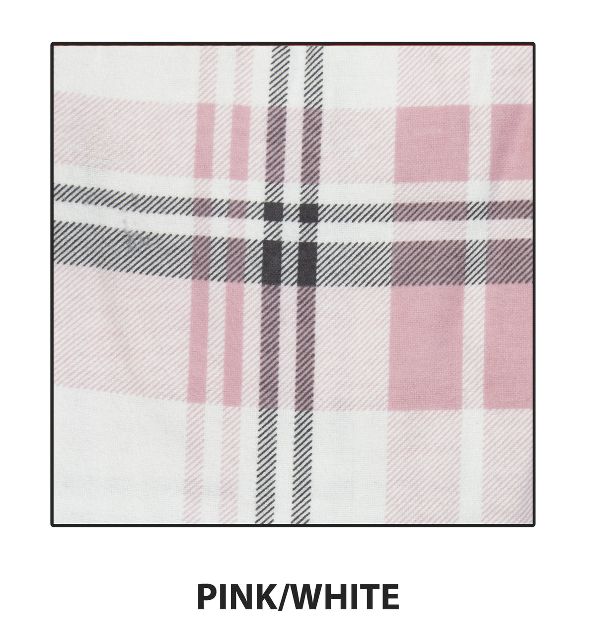The Ritemate Kids Pilbara Closed Front Flannelette Shirt is made from pre-shrunk cotton with a plaid pattern in pink, white, and black. It has buttoned chest pockets and "PINK/WHITE" text below.