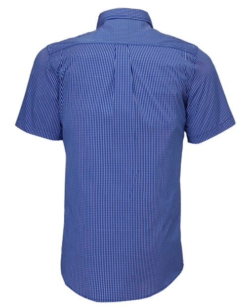 A short-sleeve Ritemate Pilbara Short Sleeve Check Double Pocket Shirt is shown from the back in a blue and white checkered pattern. Made from 100% cotton, this hard-wearing work shirt features a collar and a yoke with a pleat in the center.