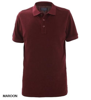 A plain maroon Pilbara Classic Polo, short-sleeved and made from 100% cotton, features a collar and three buttons down the front. Displayed on a white background with "MAROON" in black text at the lower left corner.