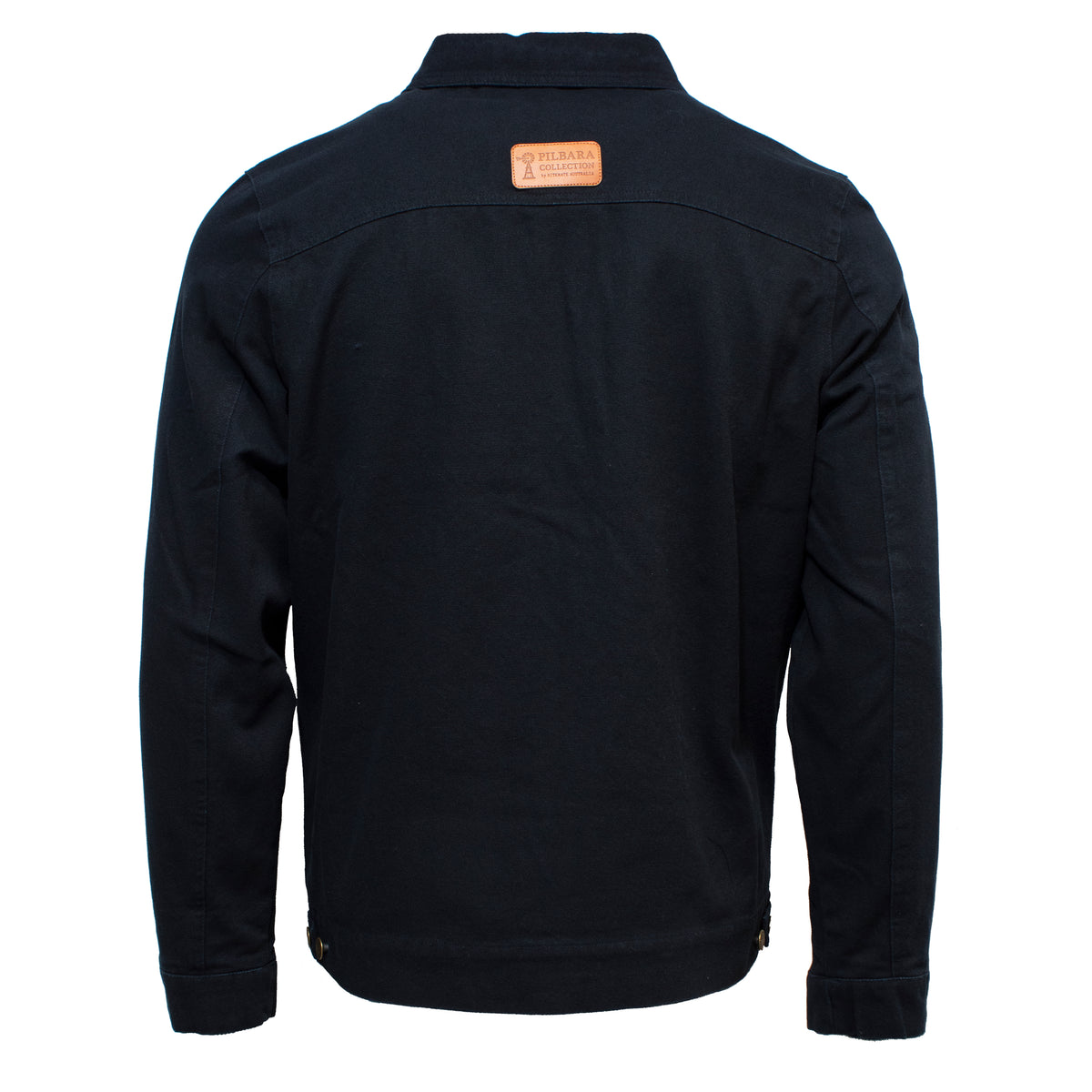 Back view of the Ritemate Pilbara Jacket in black denim, showcasing a small brown leather patch at the upper back with an unreadable logo and text. The stylish jacket features a collar, long sleeves, and adjustable buttoned waist tabs.