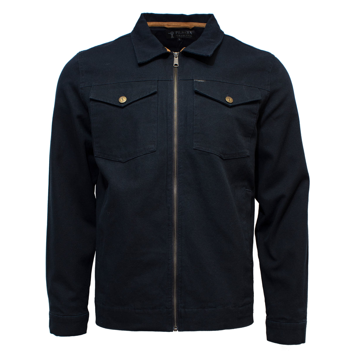 The Ritemate Pilbara Jacket is a stylish black, long-sleeved jacket featuring a zip-up front, a collar, and two chest pockets with buttoned flaps. It appears to be made of cotton or a similar fabric.