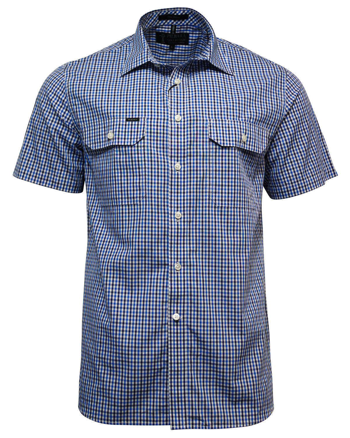 The Pilbara Short Sleeve Check Double Pocket Shirt is a men's blue and white checkered work shirt featuring a button-up front, two breast pockets with buttoned flaps, a folded collar, and a durable cotton finish. Ideal for Australian conditions, it's displayed on a white background.