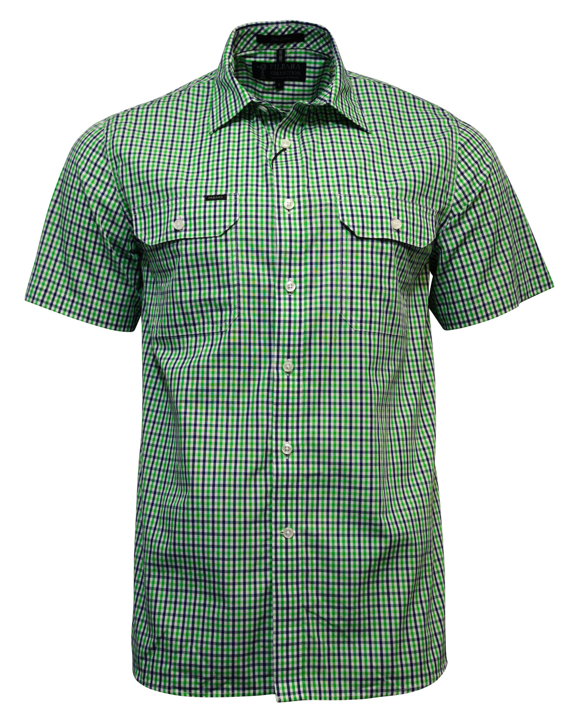 The Pilbara Short Sleeve Check Double Pocket Shirt features a green and black checkered pattern, short sleeves, and two button-flap front pockets. Designed for Australian conditions, it includes a pointed collar and white buttons on a cotton finish.