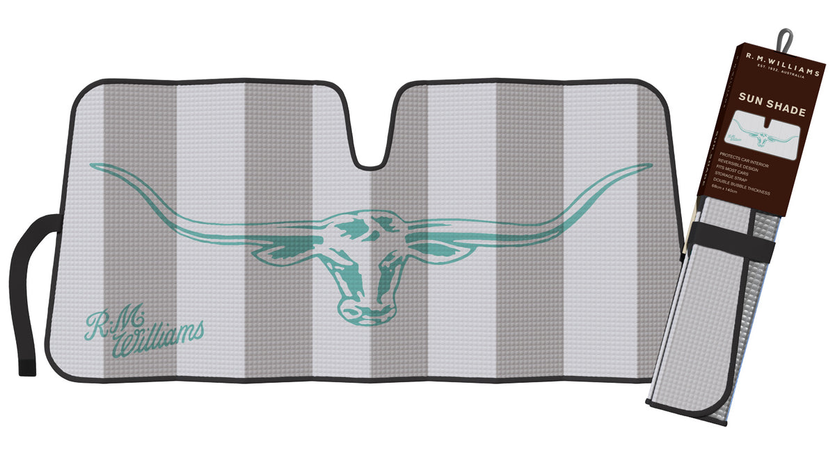 The RM Williams Longhorn Sunshade showcases a stylized teal logo on a gray and white striped pattern. Ideal for your windscreen, it comes as a folded sunshade with matching branding on the side.
