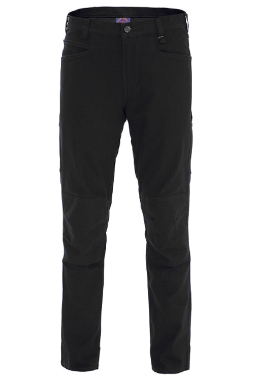 The Ritemate RMX Flexible Fit Utility Trouser is a black straight-leg pant made from stretch cotton twill, with utility pockets, button and zip closure, and stitched knee details, shown on a white background.
