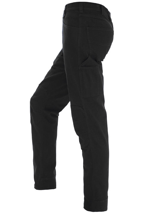 The Ritemate RMX Flexible Fit Utility Trouser is a black, fitted work pant made from stretch cotton twill, featuring utility pockets and seam details, shown from the side on a white background.