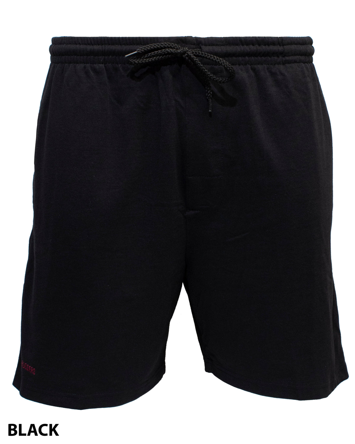 A pair of Ruggers Jersey Knit Sweat Shorts for Big Men in a black colorway, featuring a drawstring waistband. The soft polyester/cotton fabric and relaxed fit ensure comfort. The word "BLACK" is written in bold letters at the bottom left corner of the image.