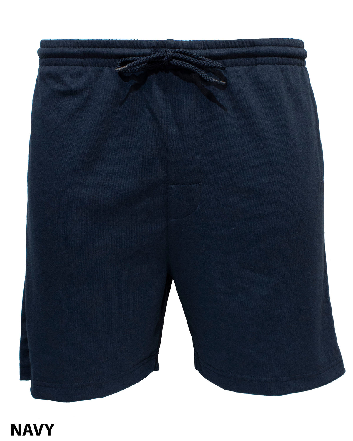 A pair of Ruggers Jersey Knit Sweat Short Big Mens in navy blue, featuring an elastic waistband and a relaxed fit. Made from a comfortable polyester/cotton fabric blend, these shorts have "NAVY" written in black text in the bottom-left corner.