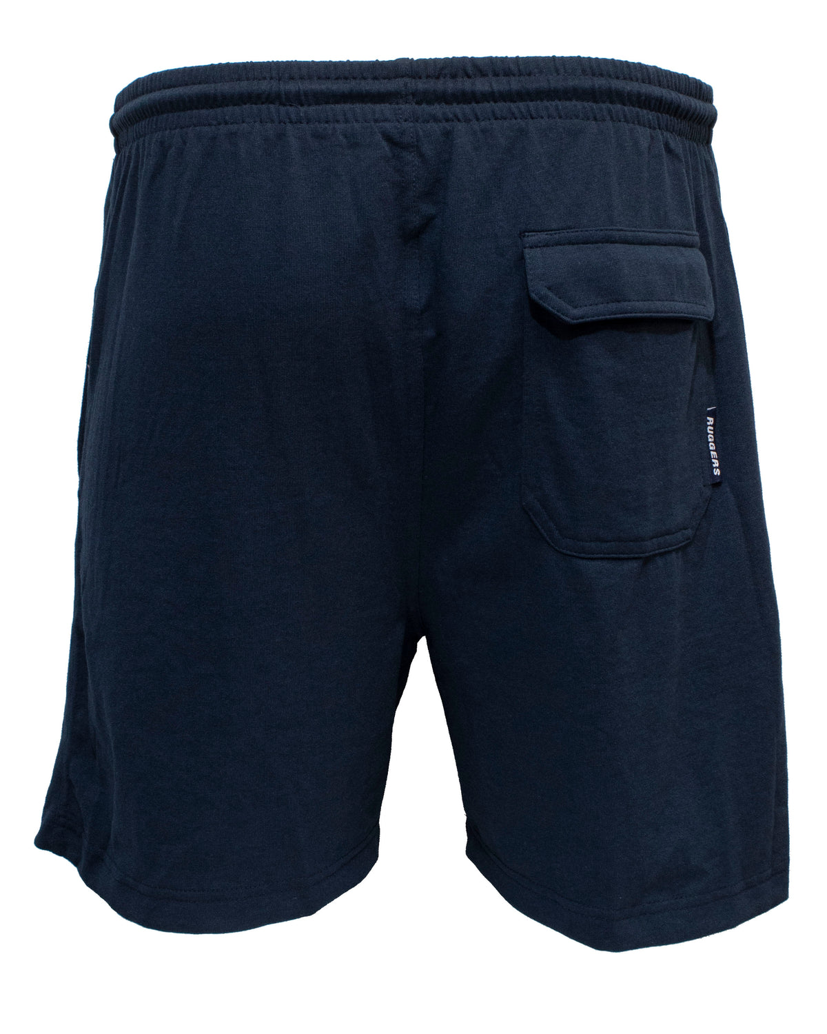 The Ruggers Jersey Knit Sweat Short Big Mens is a pair of black shorts featuring an elastic waistband and crafted from soft, comfortable polyester/cotton fabric. These athletic shorts include a back pocket with a flap and a small tag with text on the right side of the pocket, making them perfect for casual wear.