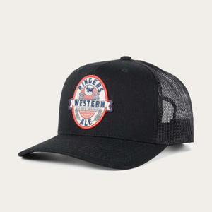 The Ringers Western Ale Trucker includes a black mesh back, adjustable strap, and a front patch displaying "Ringers Western Ale" in blue and red with a horse design. Its rounded brim combines style and comfort.
