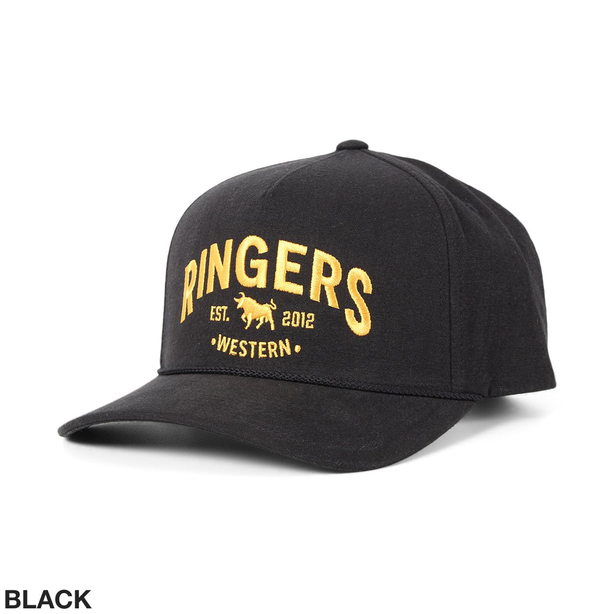 The Ringers Western Horizon Baseball Cap is a black cotton canvas cap with yellow embroidery that reads "Ringers Western Est. 2012," featuring a bold bull logo.