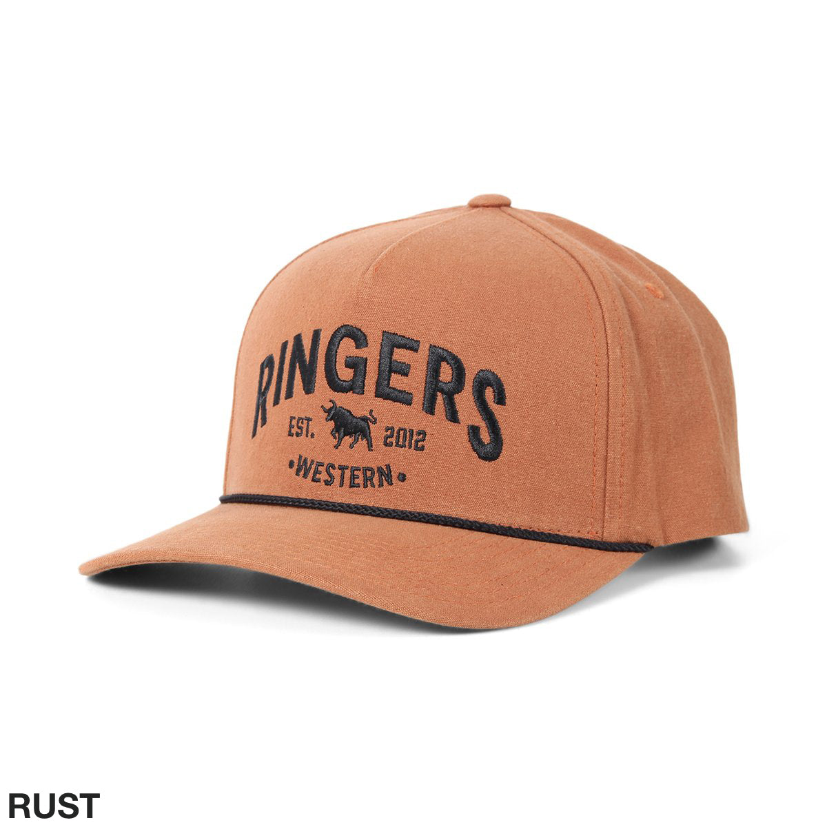 The Ringers Western Horizon Baseball Cap features a rust-colored cotton canvas with "RINGERS WESTERN" in bold black letters, a striking bull illustration, and "EST. 2012." Its stylish black trim on the brim embodies the brand's rugged charm.