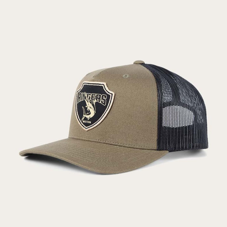 The Ringers Western Marlin Trucker cap in olive green and black features a mesh back for breathability, a stylish patch with the "Ringers" logo on the front, a curved brim, and an adjustable strap for a perfect fit.