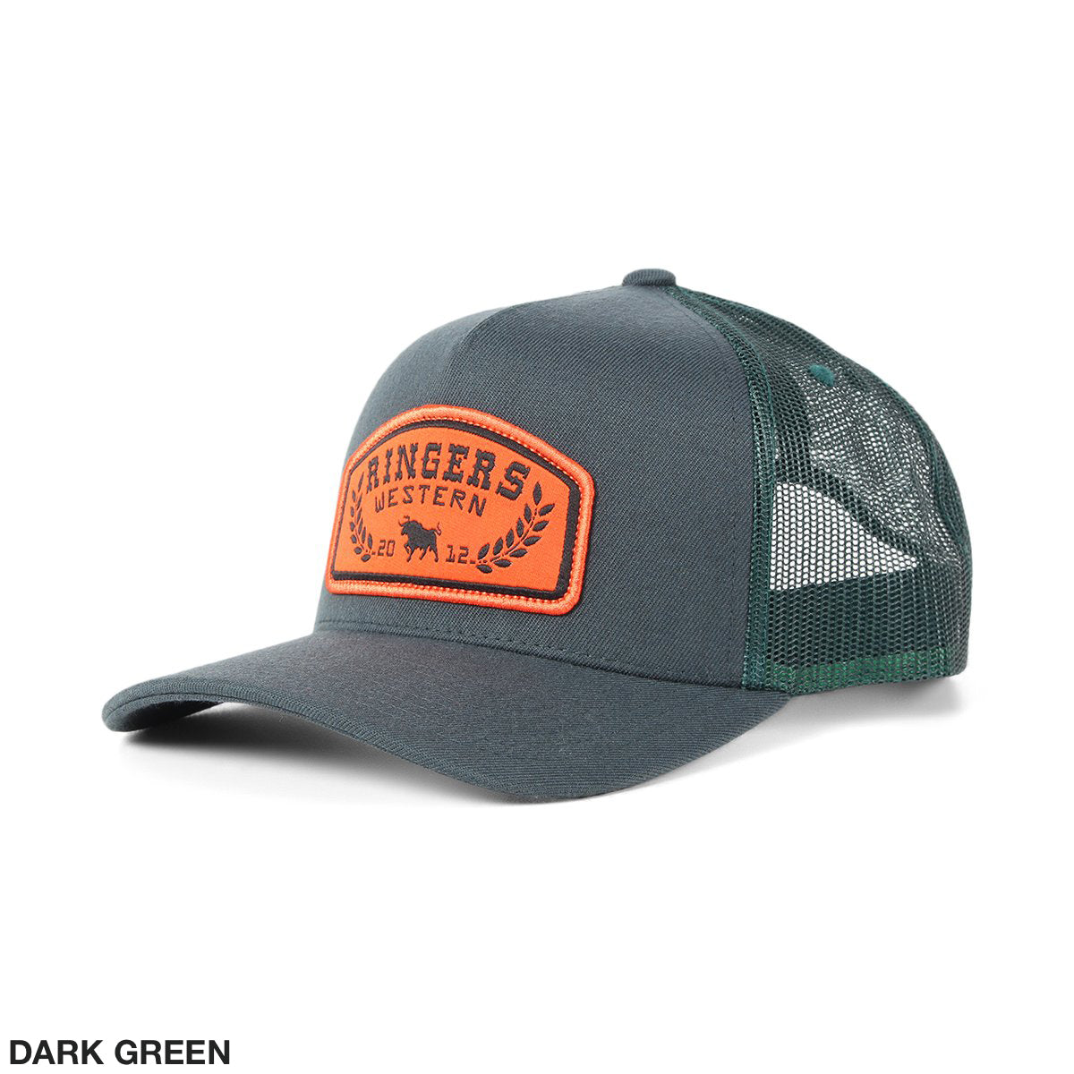 The Ringers Western Wheatbelt Wool Trucker Cap features a dark green color, mesh back, and bold orange patch with "Ringers Western" flanked by laurel branches, stylishly angled.