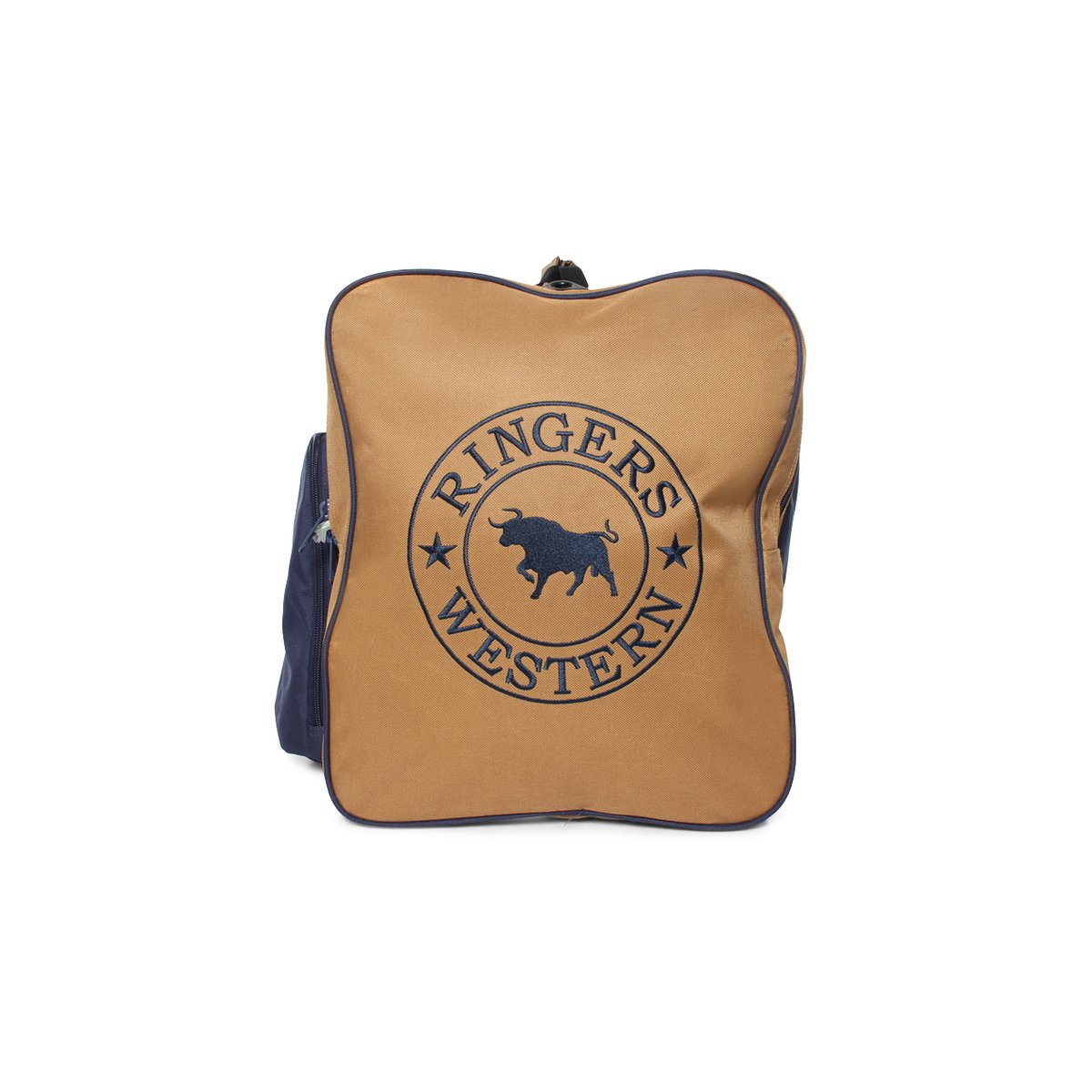 The square-shaped tan and navy Ringers Western Coolabah Sports Bag features multiple large zippered compartments. The center showcases a circular logo with a bull silhouette, encircled by the words "Ringers Western" and accompanied by three stars—one on each side and one at the bottom within the circle.